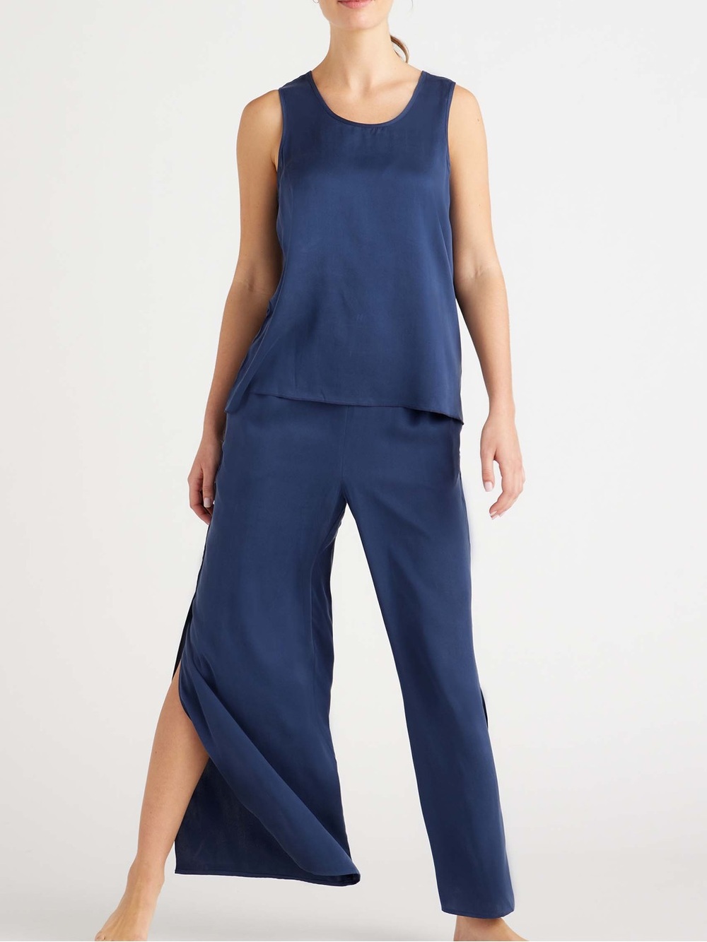 Quince 100% Silk Blue Pajamas Pants + Tank Set Small